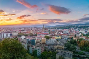 cluj city overview sunrise cetatuia hill napoca romania above aerial architecture blue building cathedral church 141968617