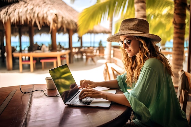 remote work paradise woman using laptop tropical beach balcony 770200 2150